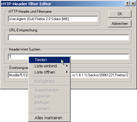 Kontextmen des Textfeldes 'Header-Wert Suchen