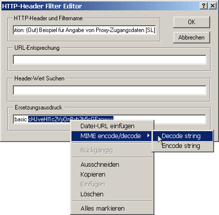 Kontextmen des Textfeldes 'Ersetzungsausdruck