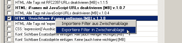 Kontextmen des in der bersicht markierten Filters