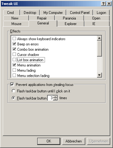 Bildschirmfoto von TweakUI unter Windows 2000